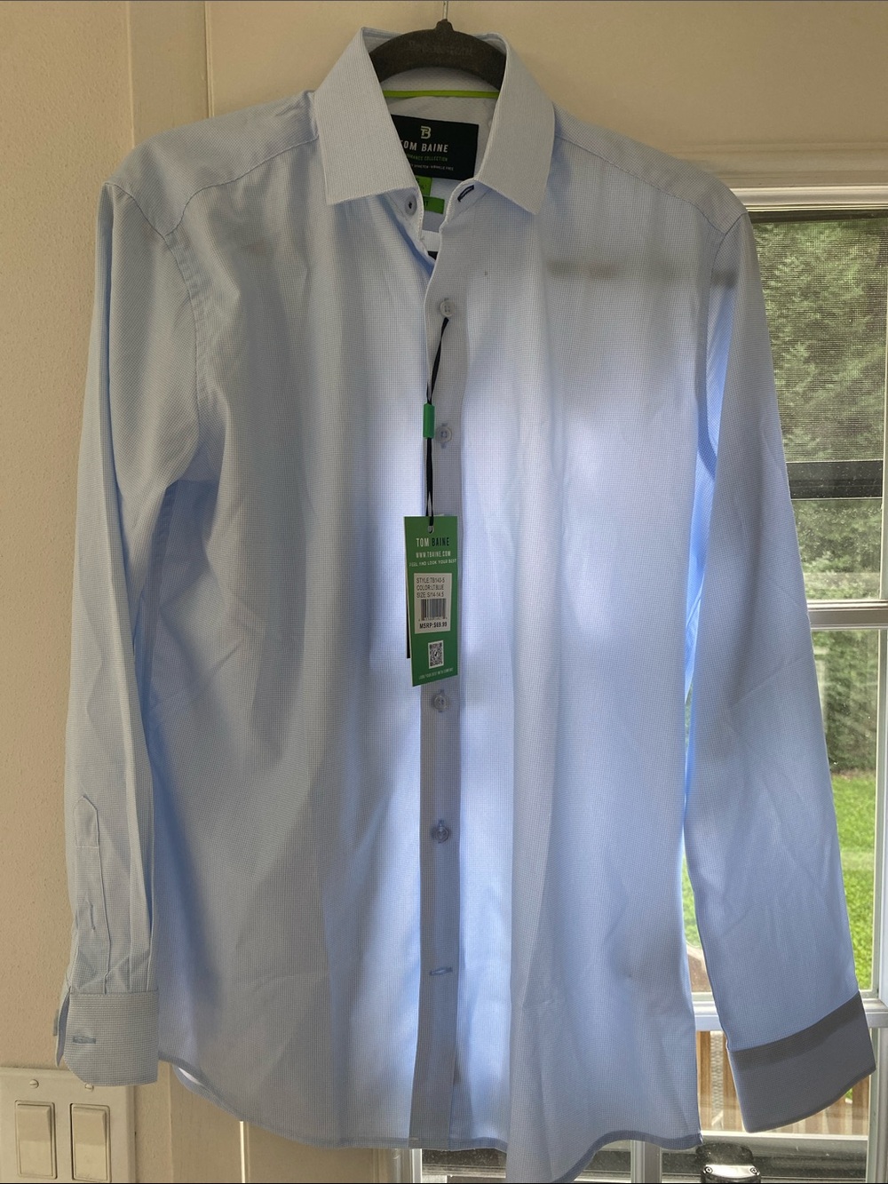 Tom Blaine Pale Blue Checkered Men's Dress Shirt with Contrast Trim